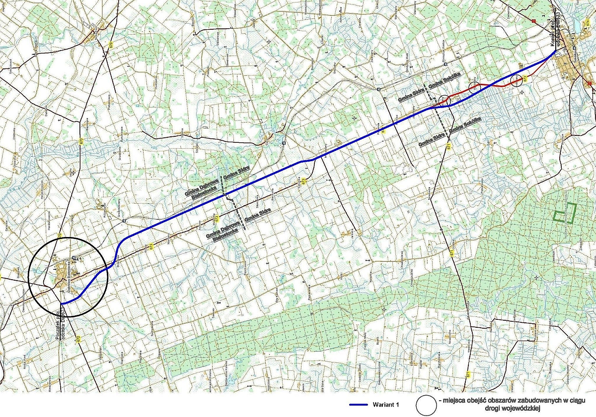 Mapa przebiegu nowej trasy Sokółka - Dąbrowa Białostocka