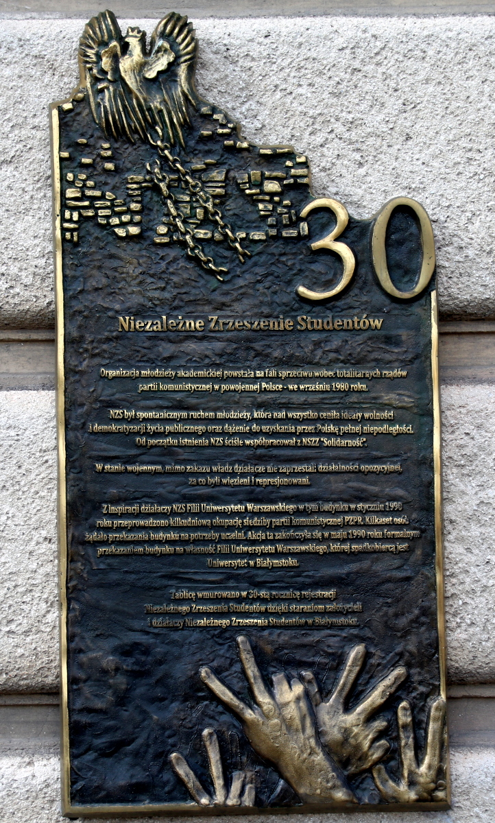 Tablica upamiętniająca 30. rocznicę powstania NZS na&nbsp;gmachu byłego komitetu PZPR /fot. H. Korzenny/