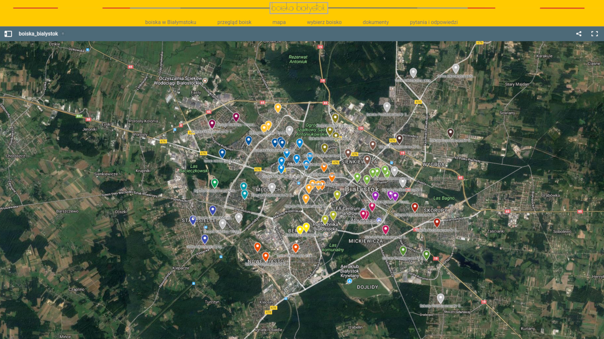 Mapa białostockich miejskich boisk sportowych /strona internetowa: boiskabialystok.pl/
