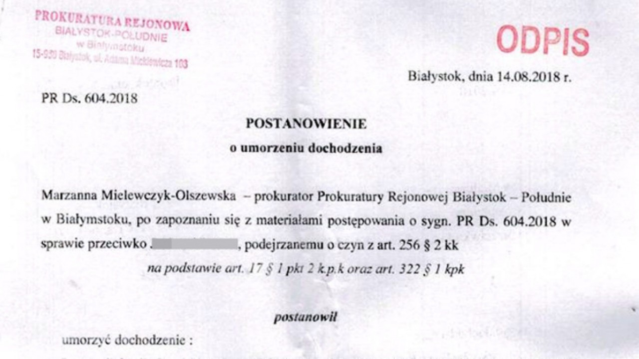 Fotokopia postanowienia Prokuratury Rejonowej Białystok-Południe 