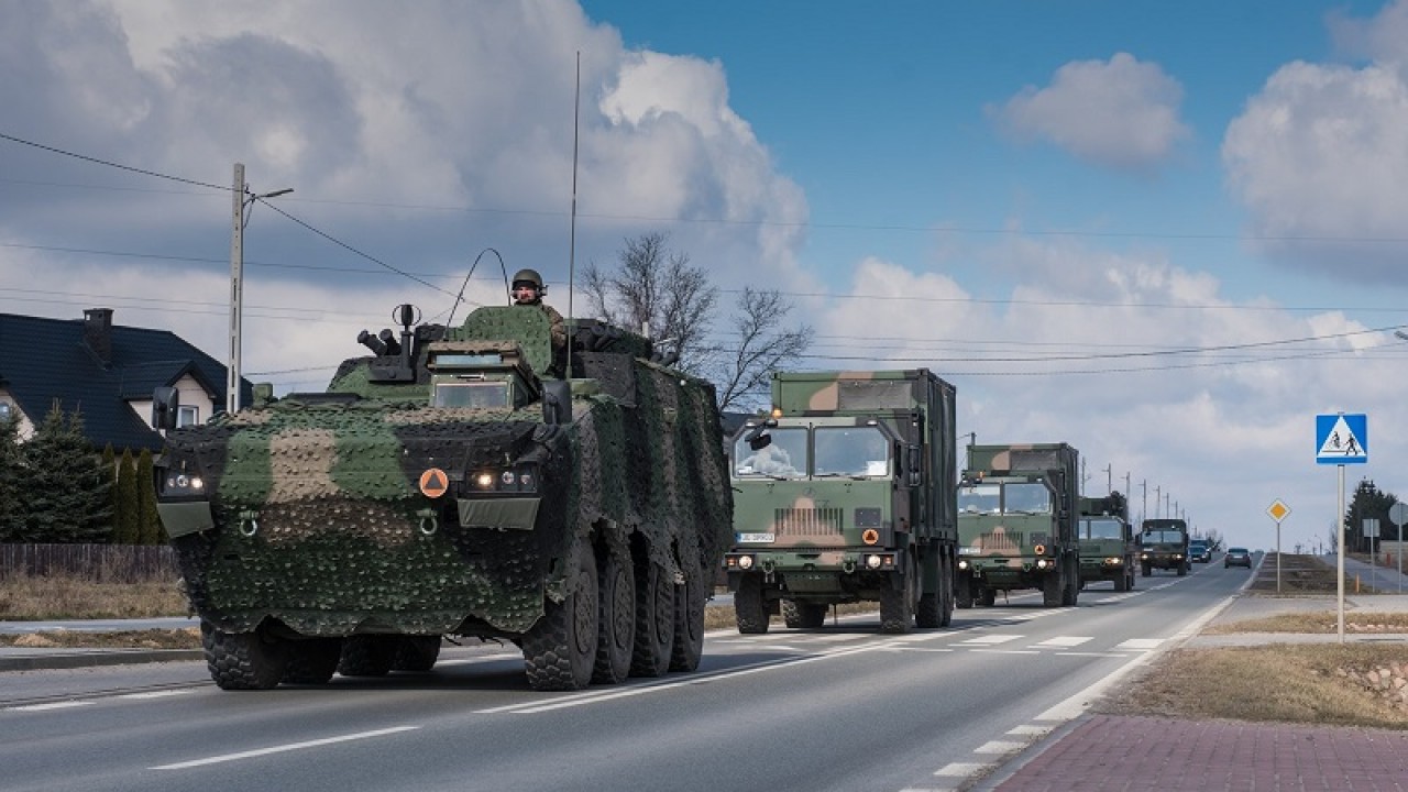 Kolumna pojazdów wojskowych na drodze [fot. WP]