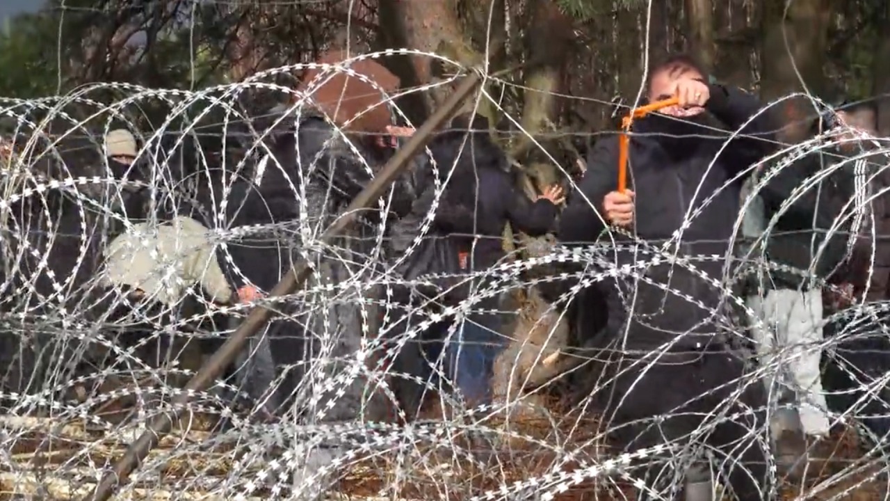 Migranci próbują przeciąć drut kolczasty na granicy polsko-białoruskiej [fot. twitter.com/MON_GOV_PL]