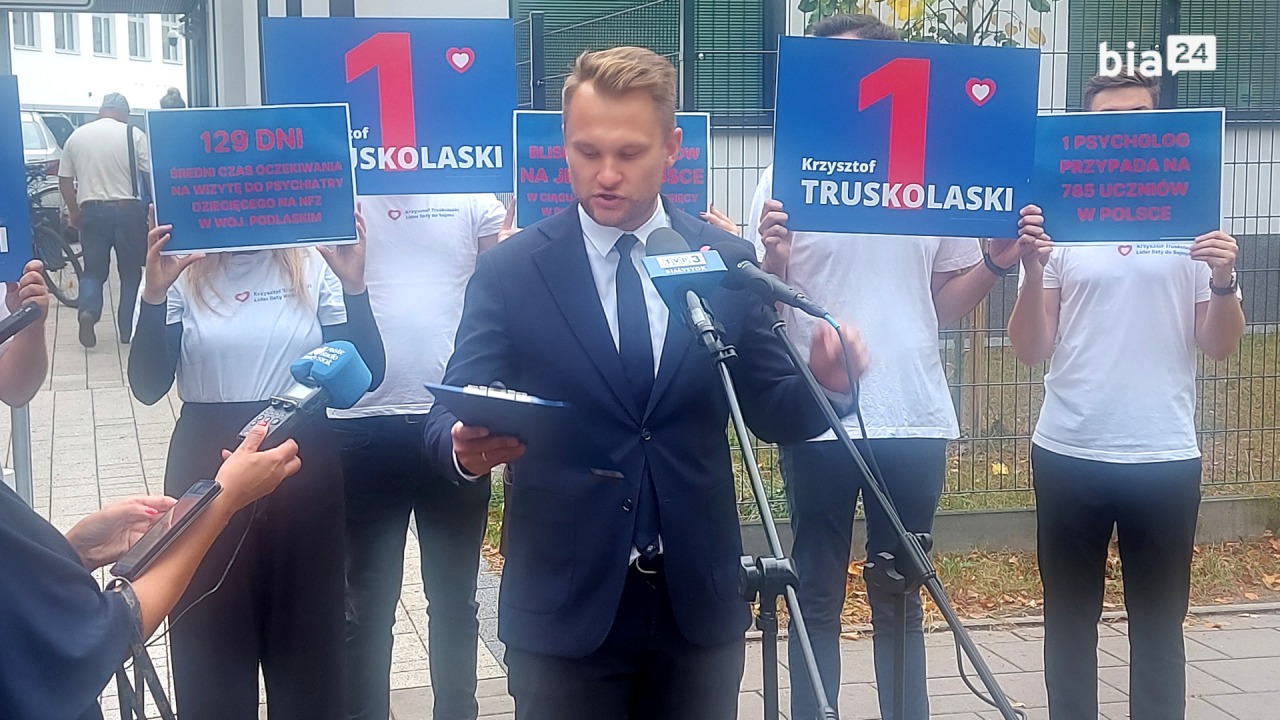 Konferencja prasowa kandydata na posła Krzysztofa Truskolaskiego (KO) [fot. Bia24]